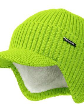 Unisex Fluorescent Green Knit Beanie - Brim Ear Flap Winter Classic Stocking Cap